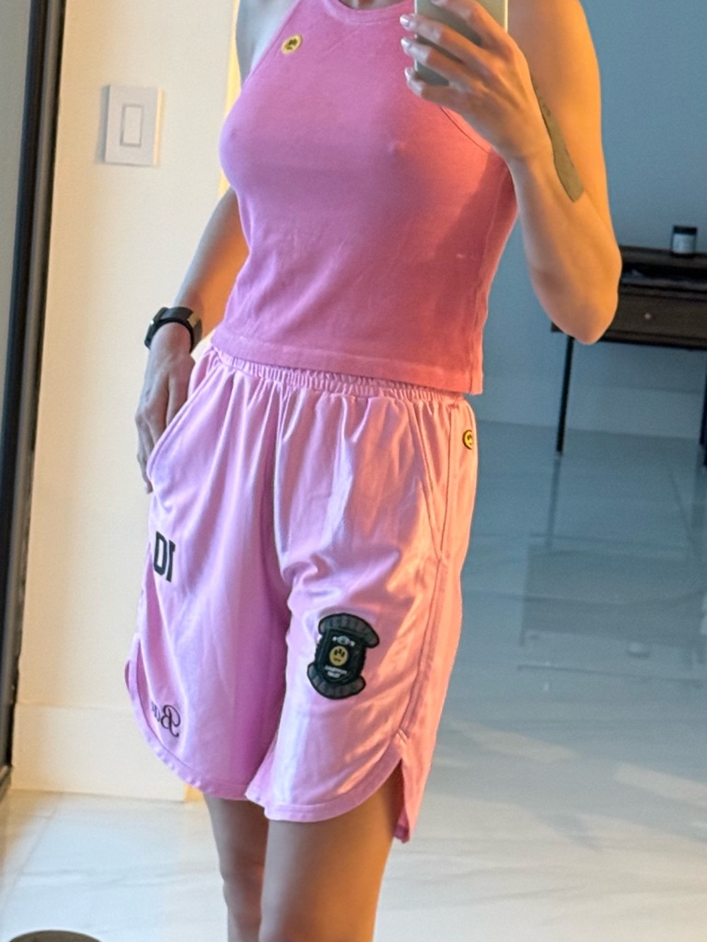 Women's Pink Bermuda Shorts with Patch Details+ Top